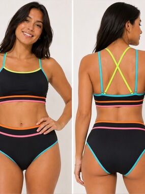 Popvil Black Bikini Bottom with Turquoise, Pink & Orange Trim Small
